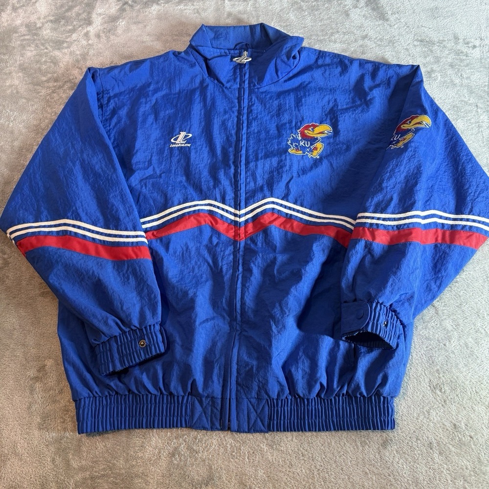 Vintage 90s Logo Athletic Kansas Jayhawks Nylon Windbreaker Jacket Mens Large